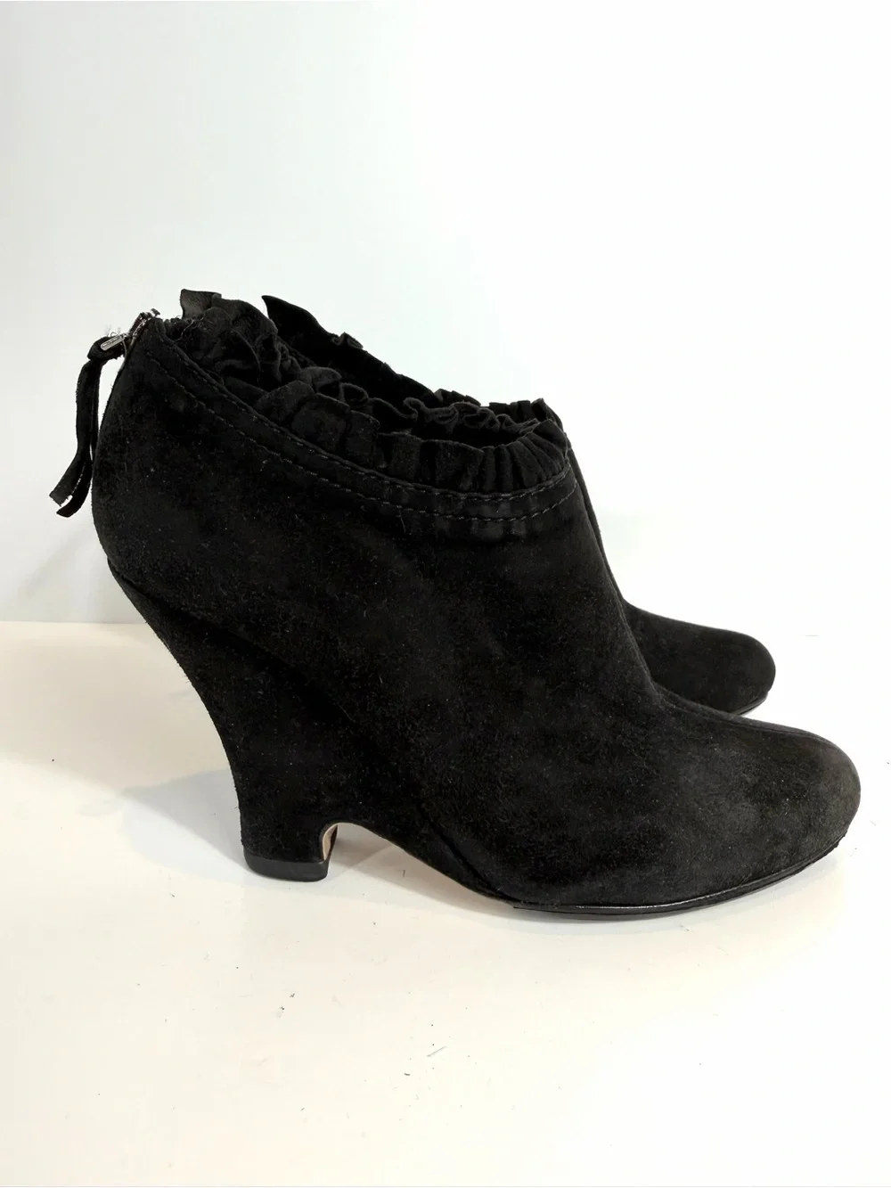 Miu Miu Black Suede Ruffle Trim Sculpted Wedge Ankle Boots EU 36.5 / US 6.5
